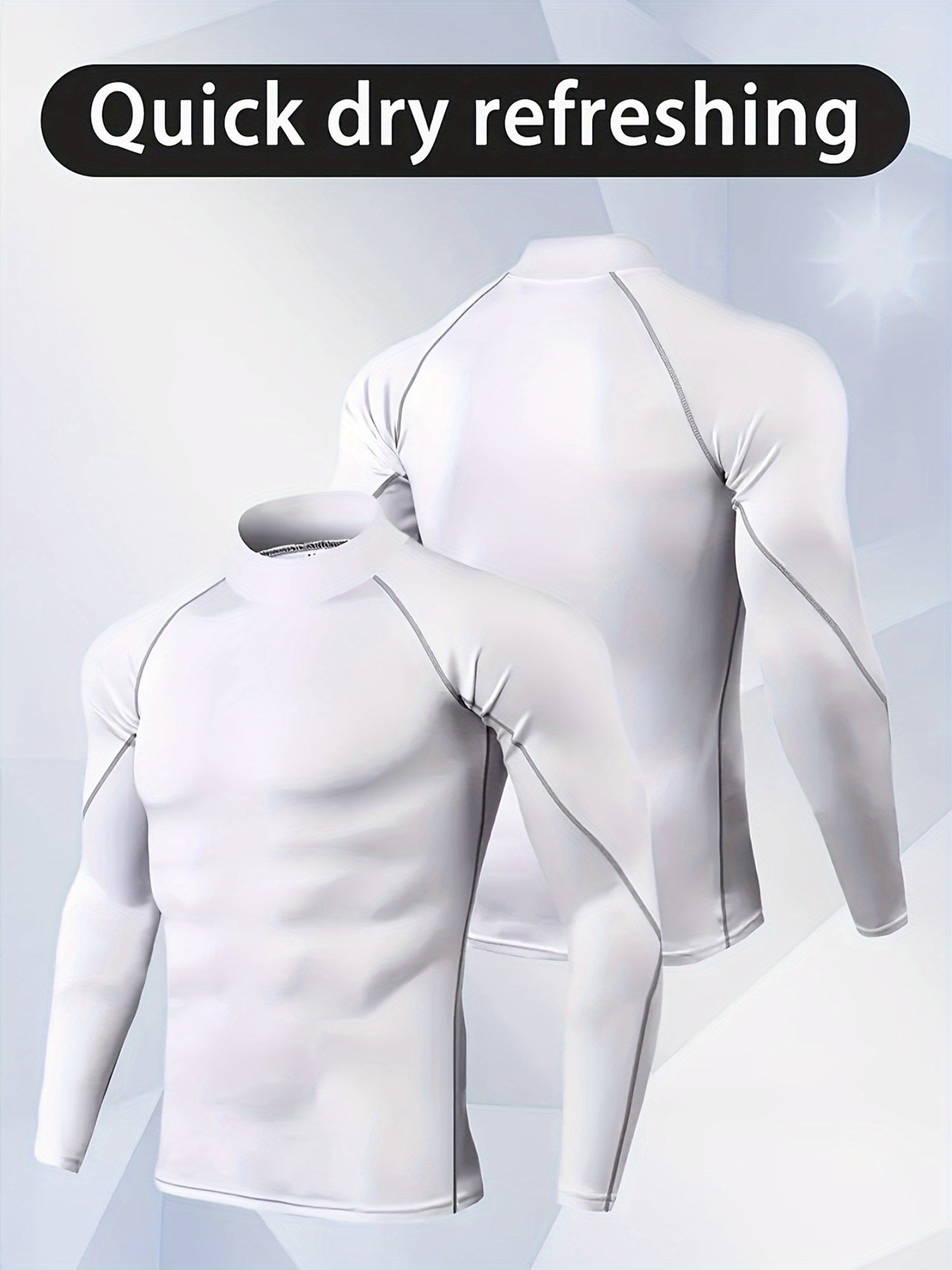 Men'S High-Neck Quick-Dry Athletic Long Sleeve T-Shirt - High Elasticity Breathable Fabric, Ideal for Running, Hiking, Cycling & Outdoor Fitness - White, Muscle Fit Design, Machine Washable Solid Color Base Layer, Durable Sportswear