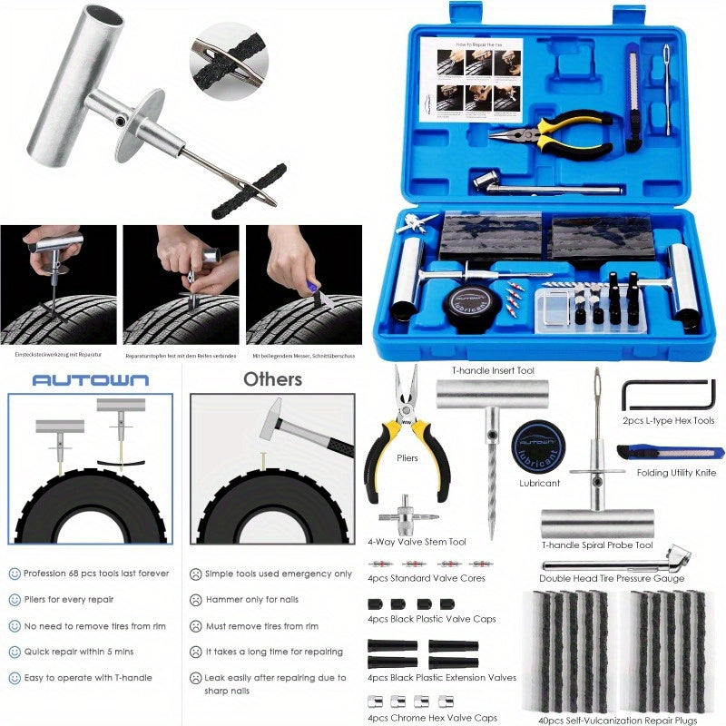 Tire Repair Kit 68pcs Heavy Duty Tire Plug Kit Universal Tire Repair Tools to Fix Punctures and Plug Flats Patch Kit for car Motorcycle Truck ARB ATV Tractor RV SUV Trailer