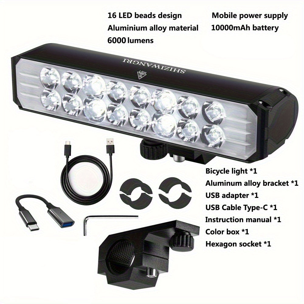 Bicycle LED Headlight - USB Rechargeable, 16x16 LED Front Bike Light, Aluminum Alloy, Non-Waterproof, Bright White Illumination, Handlebar Holder, Cycling Accessories, Cycling Light|Sleek Headlamp|Aluminum Alloy Body