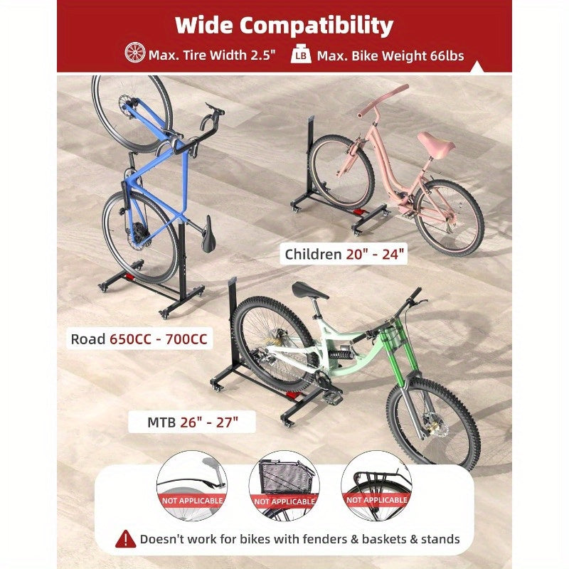 Fitense Bike Rack, Vertical Bike Stand with Swivel Casters, Adjustable Height Horizontal Bicycle Holder, Fits Road\u002FMTB\u002FHybrid Bikes, 2.5\