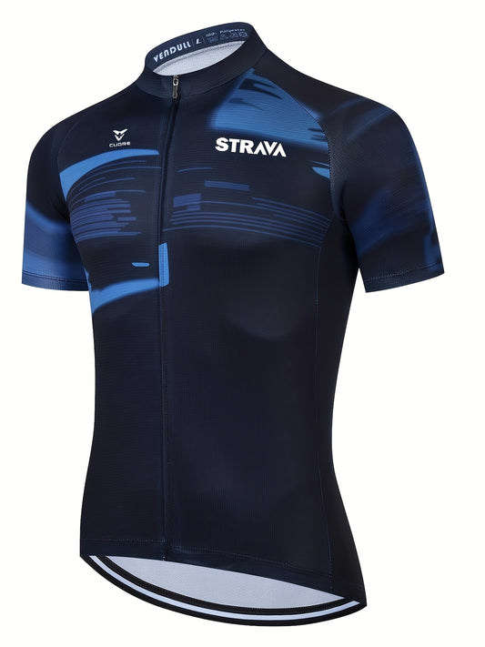 STRAVA Team Edition Summer Cycling Jersey - Breathable Moisture-Wicking Short Sleeve with Zipper Closure, Geometric Blue & Black Design for Road, Mountain Biking - Unisex Regular Fit Outdoor Sports Top, Cycling Accessories, Highquality Fabric