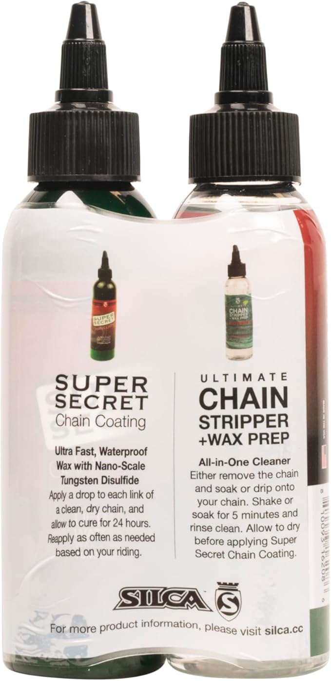Professional Grade Bike Chain Cleaner and Liquid Wax - 2 Pack Starter Bundle with Silca PRO Chain Stripper & Super Seret Chain Wax, Concentrate, 4oz Bottles with Applicator Tip