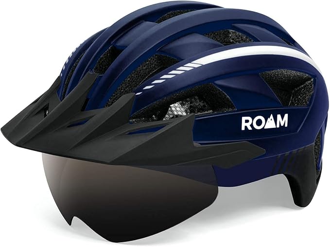 Road Bike Helmet - Durable Helmets for Adults with Sun Visor, LED Light and Detachable Magnetic Goggles - Adjustable Size - Mountain Bicycle Helmet for Adult Men & Women
