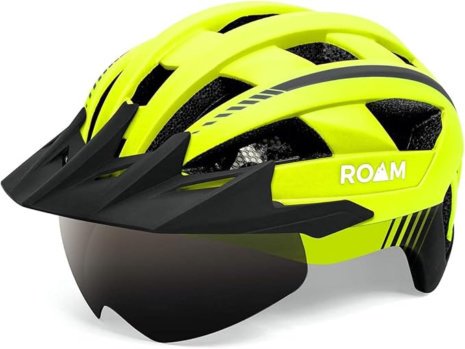 Road Bike Helmet - Durable Helmets for Adults with Sun Visor, LED Light and Detachable Magnetic Goggles - Adjustable Size - Mountain Bicycle Helmet for Adult Men & Women