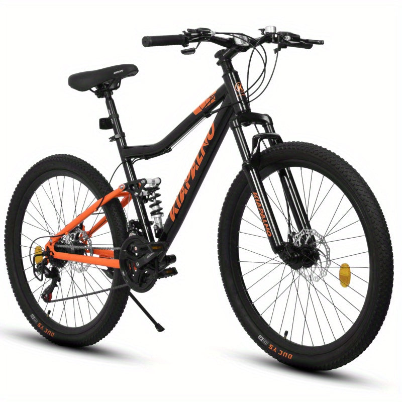 26-Inch Steel Frame Shock Absorbing Mountain Bike - 21-Speed Retro Unisex Bike with Carbon Wheels, Double Disc Brakes & High-Performance Tires - Black & Orange Design, 85% Assembled w\u002FFree Pedals & Tools, Adventure Cycling, Durable Frame Construction