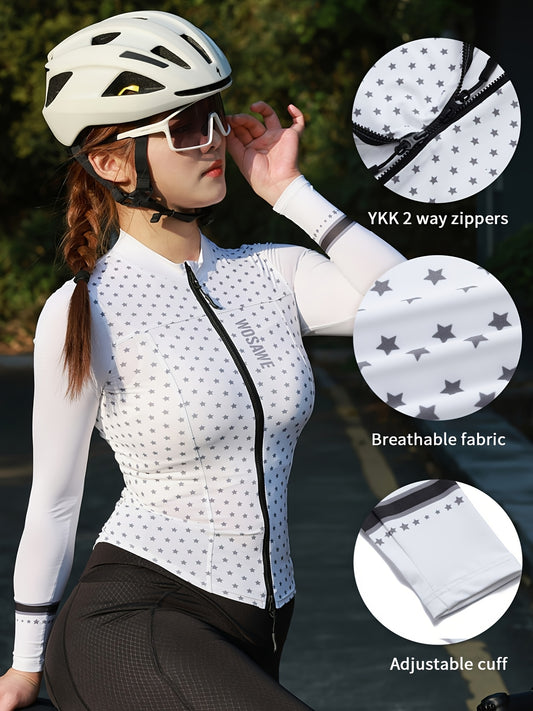 WOSAWE Women's Breathable Reflective Cycling Jersey - Full-Zip Long Sleeve Outdoor Sports Jacket with Adjustable Cuff, Polka Dot Design, Lightweight & Stretchy Fabric for Spring\u002FSummer\u002FFall, Cycling Accessories