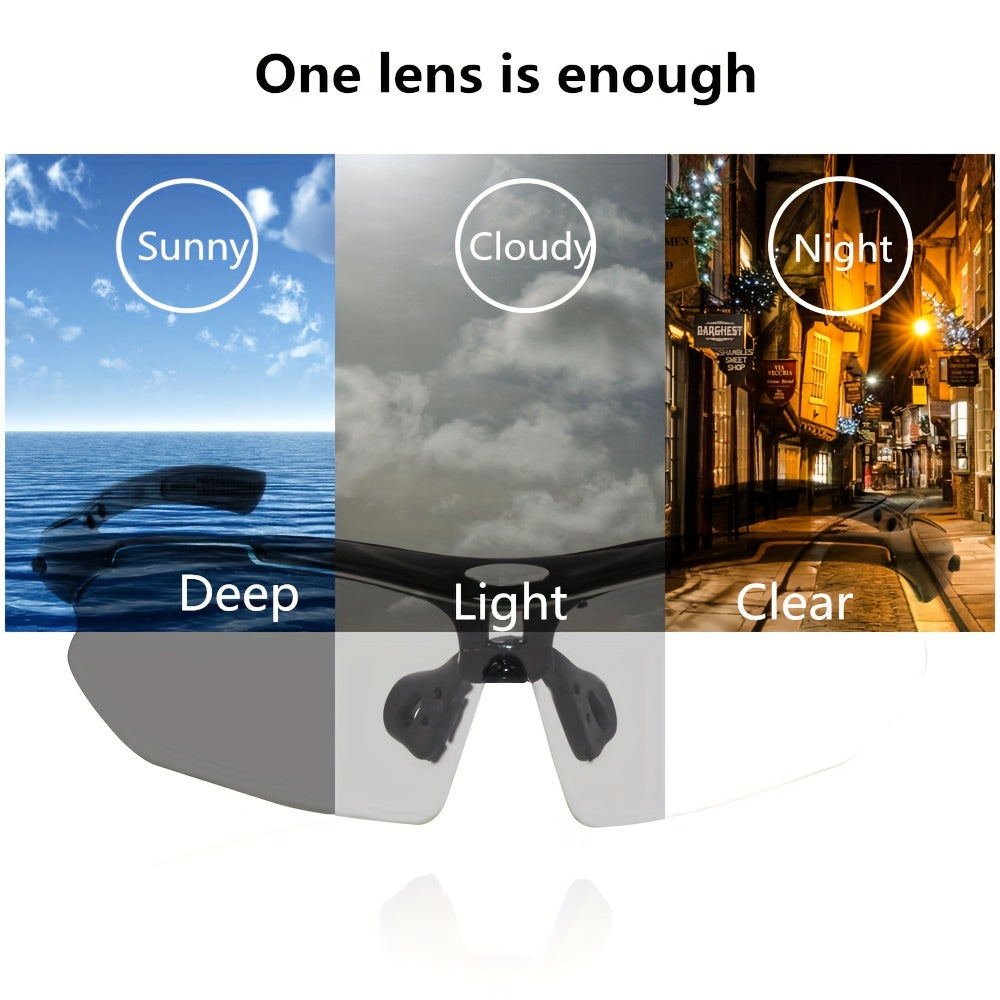 1pc Photochromic Cycling Fashion Glasses for Men & Women - Adjustable Nose Bridge, Transition Lenses for Day\u002FNight Riding, Lightweight PC Frame, Ideal for Mountain Biking, Road Racing & Outdoor Sports