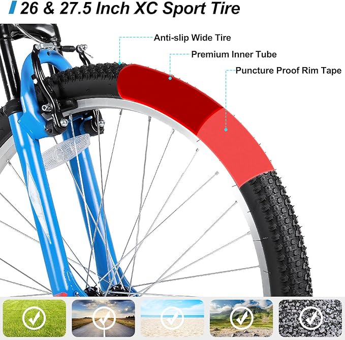 26 Inch Mountain Bike, Mens Womens MTB with 18 Speeds, High-Tensile Steel Frame, V Brake, Hardtail Bicycle for Adults