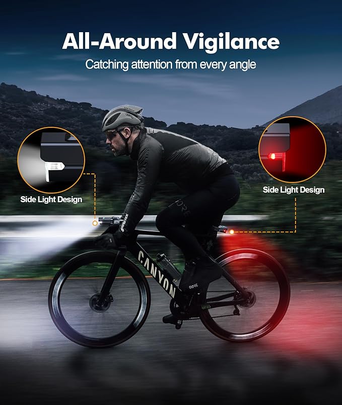 3+6 Modes Bike Lights for Night Riding with Side Light, Rechargeable & IP65 Waterproof Bicycle Light, Bike Headlight and Tail Light Set for Road Mountain Cycling