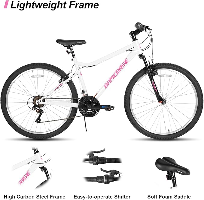 26 Inch Womens and Mens Mountain Bike, 18 Speed Steel Frame Adult Bicycle, MTB Bikes with Suspension Fork, V Brake, Mountain Bicycle for Woman Man