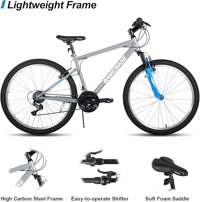 26 Inch Mountain Bike, Mens Womens MTB with 18 Speeds, High-Tensile Steel Frame, V Brake, Hardtail Bicycle for Adults