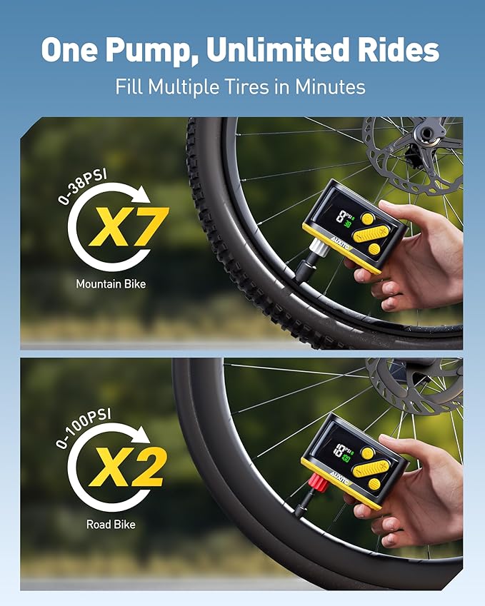 Bike Pump, Mini Electric Bicycle Pump with Guage 30s Fast Inflate, 120PSI Bike Tire Pump with Presta & Schrader Valve Adaptor, Bike Accessories for Road Mountain Bike, E-Bike, Motorcycle