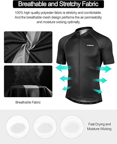 Mens Cycling Jersey 3 Rear Pockets Moisture Wicking Short Sleeve Quick Dry Reflective Biking Shirts