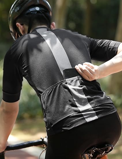 Mens Cycling Jersey 3 Rear Pockets Moisture Wicking Short Sleeve Quick Dry Reflective Biking Shirts