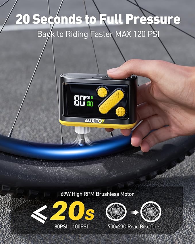 Bike Pump, Mini Electric Bicycle Pump with Guage 30s Fast Inflate, 120PSI Bike Tire Pump with Presta & Schrader Valve Adaptor, Bike Accessories for Road Mountain Bike, E-Bike, Motorcycle