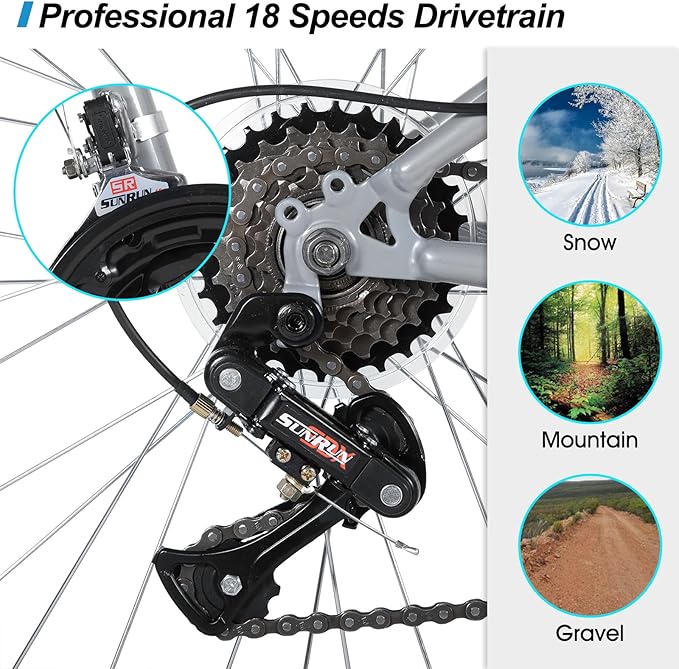 26 Inch Mountain Bike, Mens Womens MTB with 18 Speeds, High-Tensile Steel Frame, V Brake, Hardtail Bicycle for Adults
