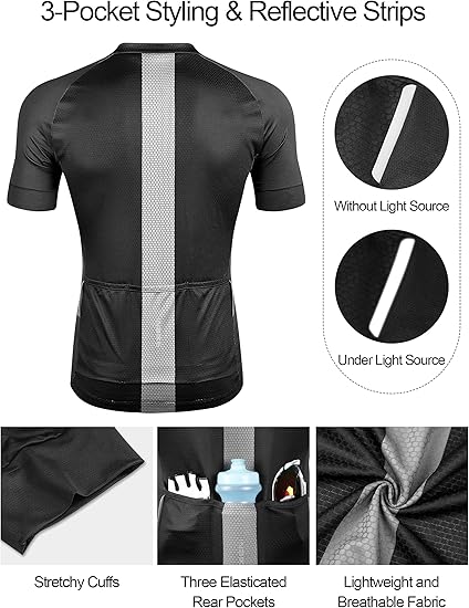 Mens Cycling Jersey 3 Rear Pockets Moisture Wicking Short Sleeve Quick Dry Reflective Biking Shirts