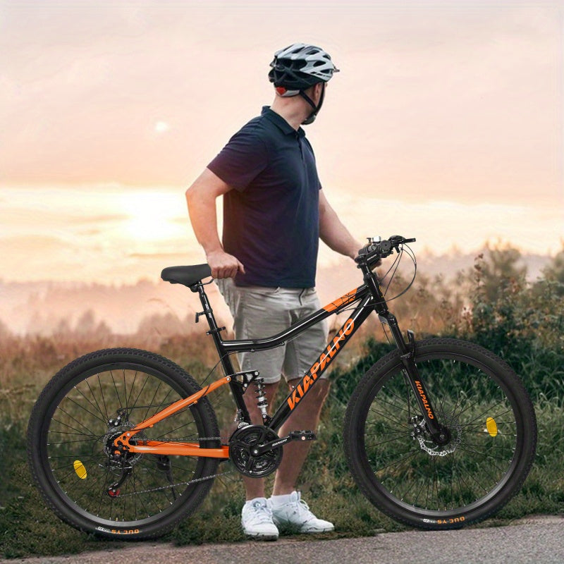 26-Inch Steel Frame Shock Absorbing Mountain Bike - 21-Speed Retro Unisex Bike with Carbon Wheels, Double Disc Brakes & High-Performance Tires - Black & Orange Design, 85% Assembled w\u002FFree Pedals & Tools, Adventure Cycling, Durable Frame Construction
