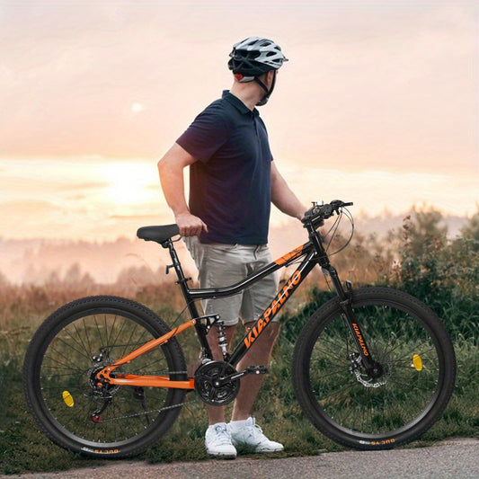26-Inch Steel Frame Shock Absorbing Mountain Bike - 21-Speed Retro Unisex Bike with Carbon Wheels, Double Disc Brakes & High-Performance Tires - Black & Orange Design, 85% Assembled w\u002FFree Pedals & Tools, Adventure Cycling, Durable Frame Construction