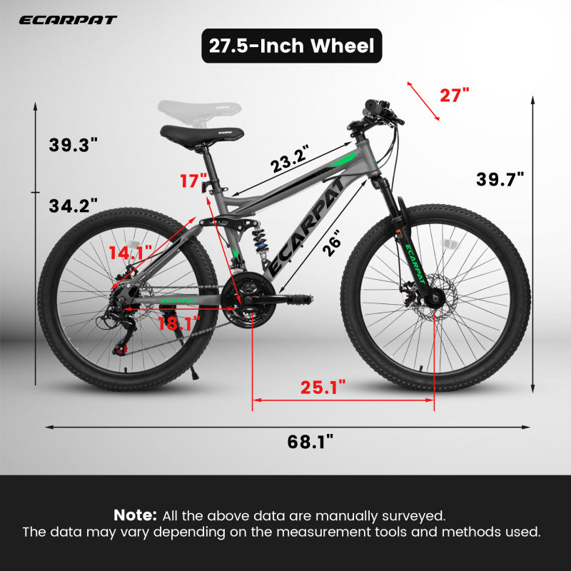 27.5" Full Suspension Mountain Bike - Dual Shock Absorbers, Mechanical Disc Brakes, 21-Speed Gears, Carbon Steel Frame & Aluminum Alloy Wheels, Retro Style Mixed Color - Unisex Adult Bike for Travel & Fitness (5'4"-5'9", 250lb Capacity)