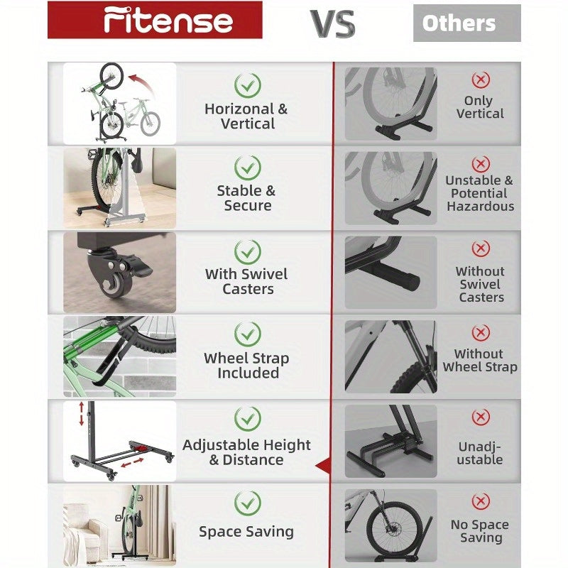 Fitense Bike Rack, Vertical Bike Stand with Swivel Casters, Adjustable Height Horizontal Bicycle Holder, Fits Road\u002FMTB\u002FHybrid Bikes, 2.5\
