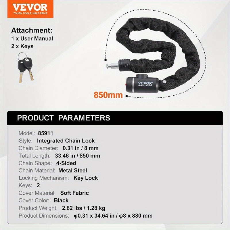 Bike Chain Lock 2.79ft Combination Bicycle Chain Lock with 2 Keys Heavy Duty AntiTheft High Security Bike Locks Perfect for Bike Motorcycle Scooter Bicycle Door Fence or Gate 8mm