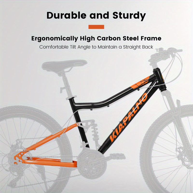 26-Inch Steel Frame Shock Absorbing Mountain Bike - 21-Speed Retro Unisex Bike with Carbon Wheels, Double Disc Brakes & High-Performance Tires - Black & Orange Design, 85% Assembled w\u002FFree Pedals & Tools, Adventure Cycling, Durable Frame Construction