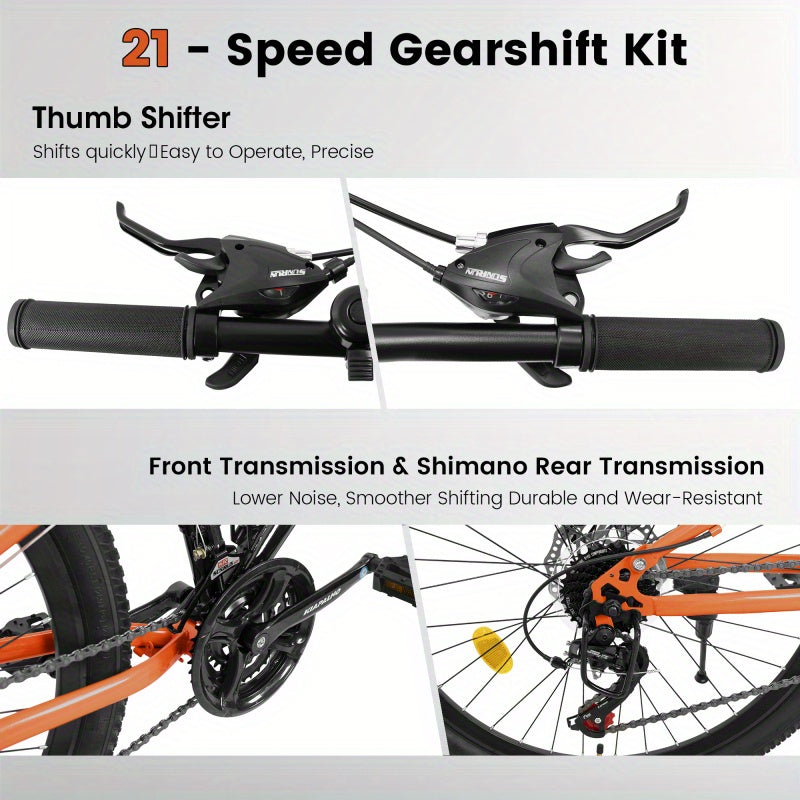 26-Inch Steel Frame Shock Absorbing Mountain Bike - 21-Speed Retro Unisex Bike with Carbon Wheels, Double Disc Brakes & High-Performance Tires - Black & Orange Design, 85% Assembled w\u002FFree Pedals & Tools, Adventure Cycling, Durable Frame Construction