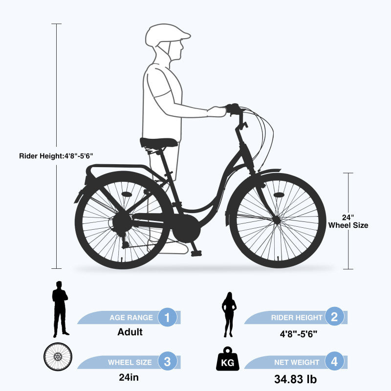 7 Speed, Steel Frame, Multiple Colors 24 Inch Ladies