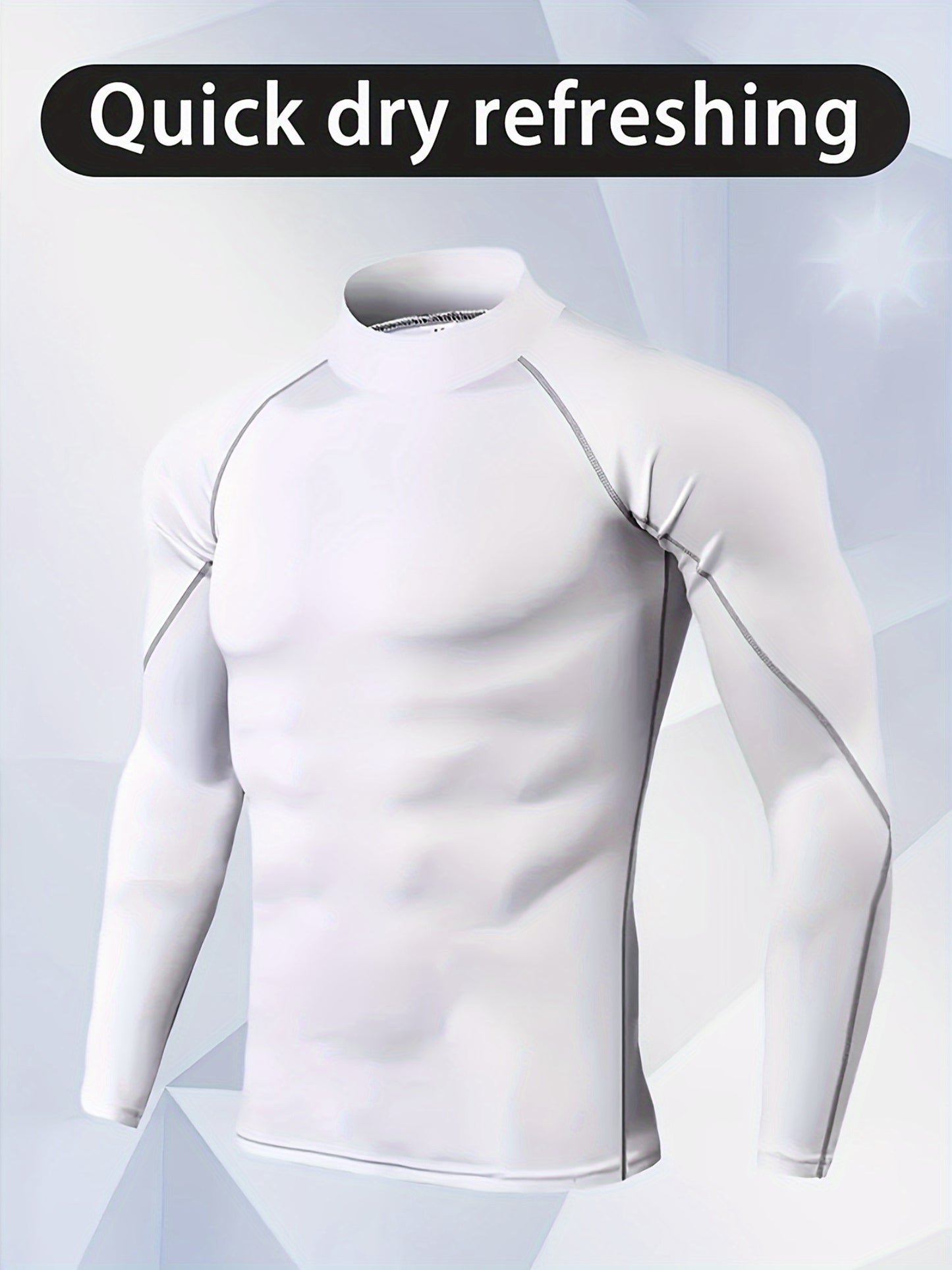 Men'S High-Neck Quick-Dry Athletic Long Sleeve T-Shirt - High Elasticity Breathable Fabric, Ideal for Running, Hiking, Cycling & Outdoor Fitness - White, Muscle Fit Design, Machine Washable Solid Color Base Layer, Durable Sportswear