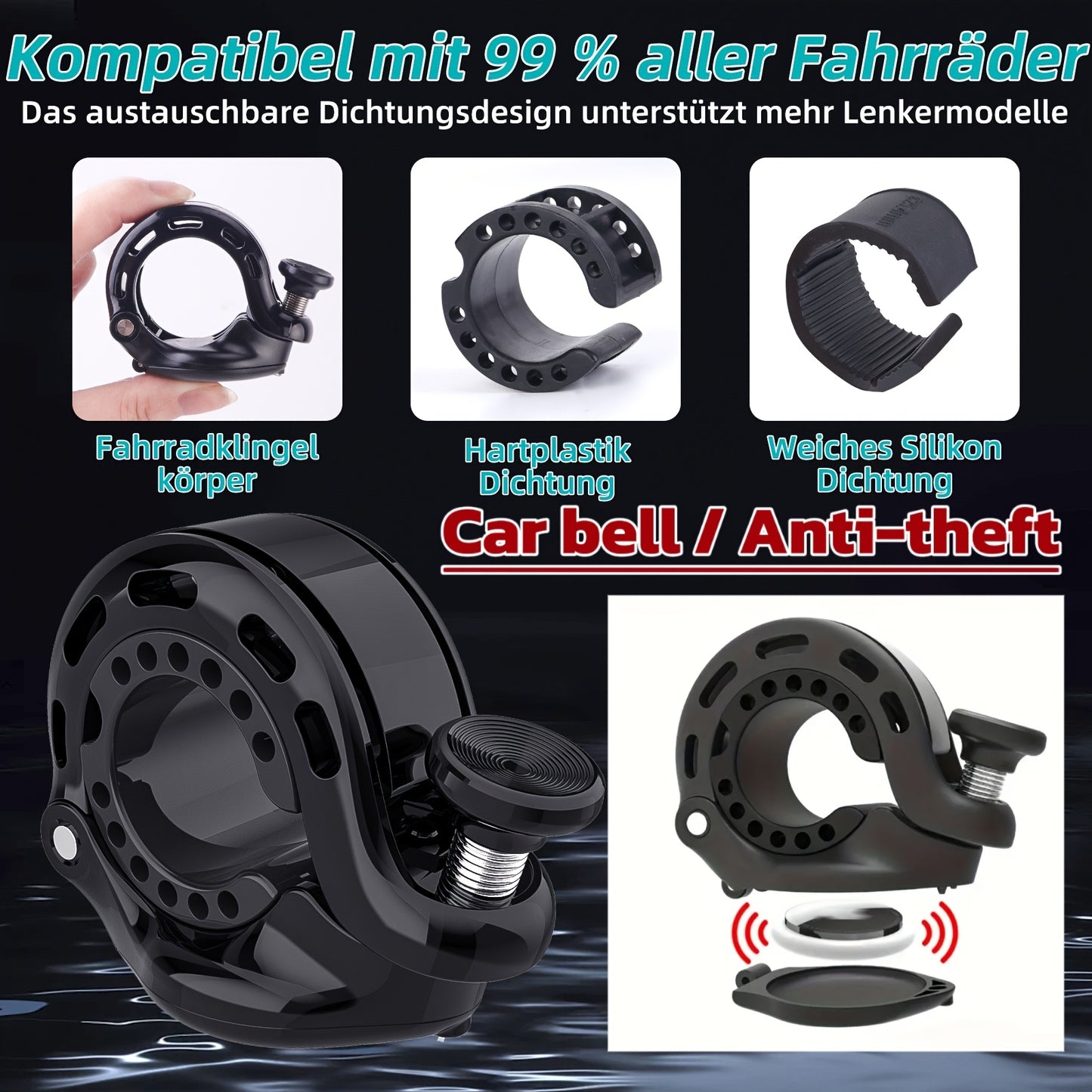 Mountain bike aluminum alloy bell, hidden Airtag bracket bell, thumb bell riding equipment compatible with 22.2-31.8mm handlebars