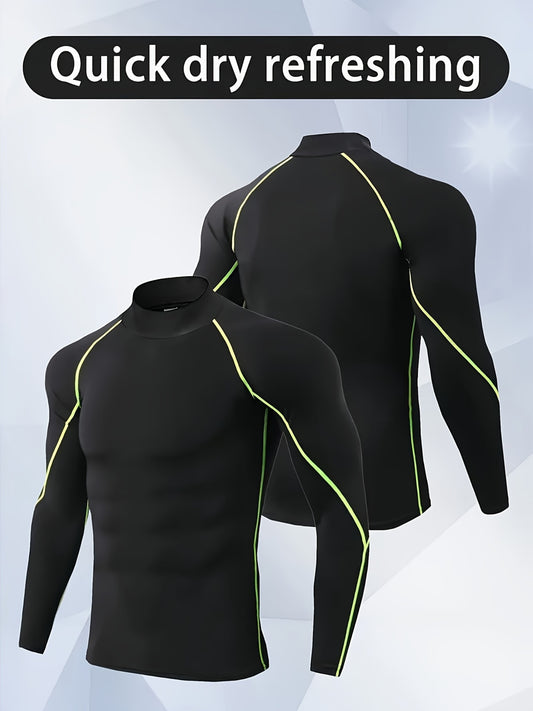 Men'S High-Neck Quick-Dry Athletic Long Sleeve T-Shirt - High Elasticity Breathable Fabric, Ideal for Running, Hiking, Cycling & Outdoor Fitness - White, Muscle Fit Design, Machine Washable Solid Color Base Layer, Durable Sportswear