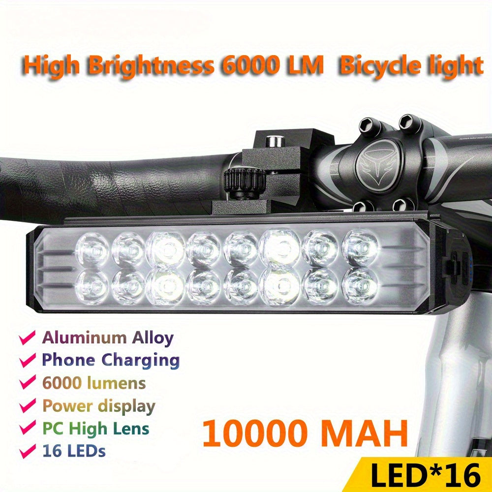 Bicycle LED Headlight - USB Rechargeable, 16x16 LED Front Bike Light, Aluminum Alloy, Non-Waterproof, Bright White Illumination, Handlebar Holder, Cycling Accessories, Cycling Light|Sleek Headlamp|Aluminum Alloy Body