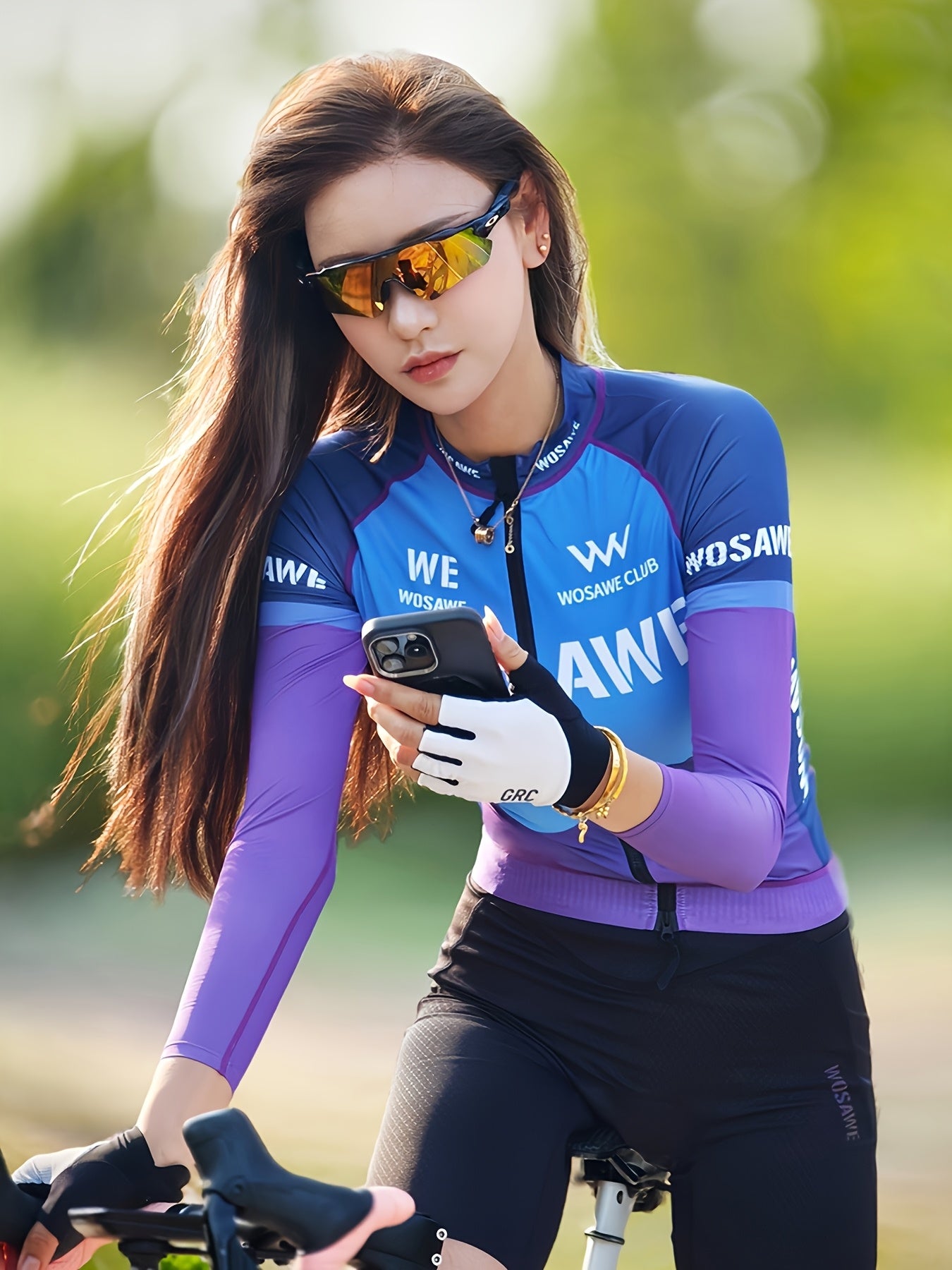 WOSAWE Women's Quick-Dry Breathable Cycling Jersey - Vibrant Geometric Print, Long Sleeve, Zip-Up Road Bike Top with Pockets for Spring\u002FFall, Wear, Sleek Sporty Design, Highelastic Material