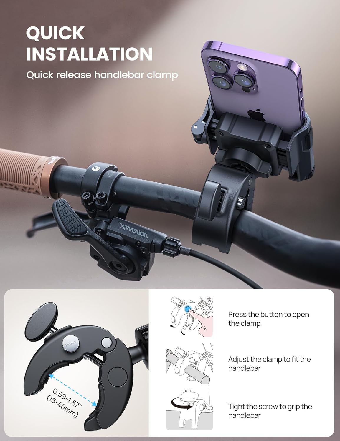 Motorcycle Phone Mount Holder - [Camera Friendly] [1s Lock] Bike Phone Holder Handlebar Clamp, Bicycle Scooter Phone Clip, for iPhone 16 Pro Max, 15 14 13, Galaxy S25 Ultra, 4.7-7" Phones