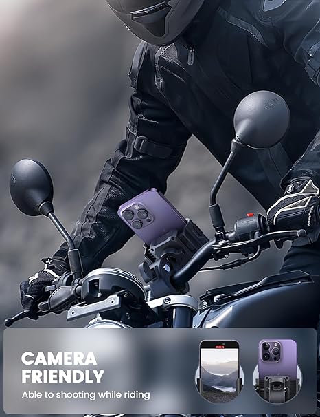 Motorcycle Phone Mount Holder - [Camera Friendly] [1s Lock] Bike Phone Holder Handlebar Clamp, Bicycle Scooter Phone Clip, for iPhone 16 Pro Max, 15 14 13, Galaxy S25 Ultra, 4.7-7" Phones