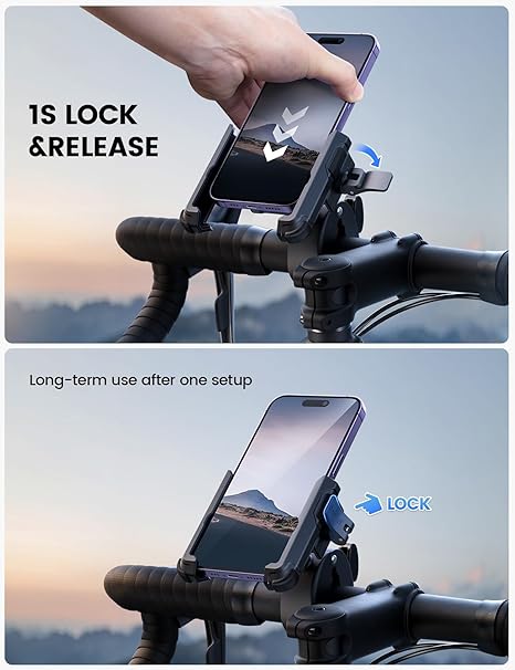 Motorcycle Phone Mount Holder - [Camera Friendly] [1s Lock] Bike Phone Holder Handlebar Clamp, Bicycle Scooter Phone Clip, for iPhone 16 Pro Max, 15 14 13, Galaxy S25 Ultra, 4.7-7" Phones