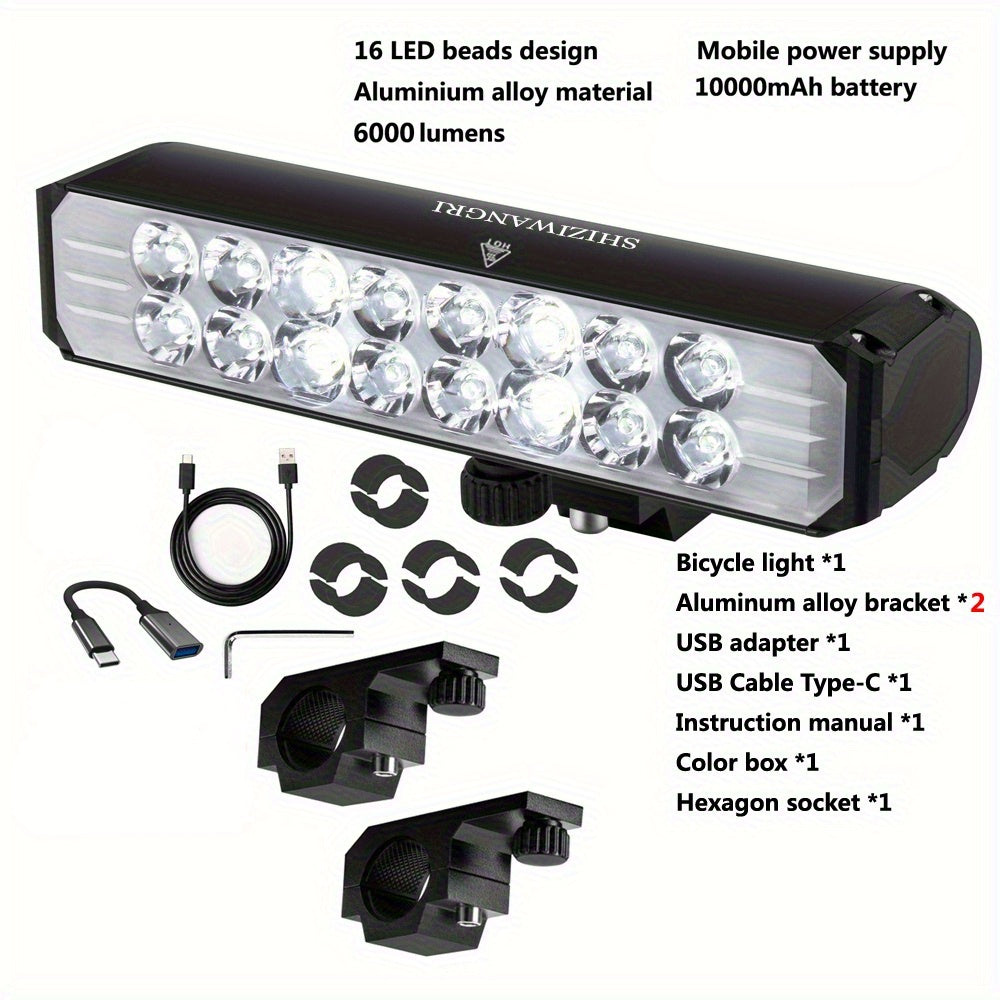 Bicycle LED Headlight - USB Rechargeable, 16x16 LED Front Bike Light, Aluminum Alloy, Non-Waterproof, Bright White Illumination, Handlebar Holder, Cycling Accessories, Cycling Light|Sleek Headlamp|Aluminum Alloy Body