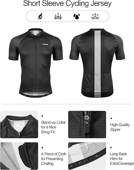 Mens Cycling Jersey 3 Rear Pockets Moisture Wicking Short Sleeve Quick Dry Reflective Biking Shirts