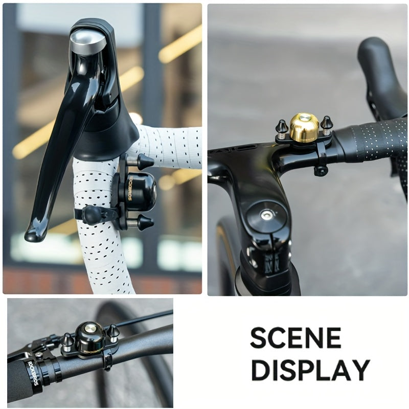 ROCKBROS Mini Cycling Road Bike Bell - Dual Bell Hammers Design, Black Copper Finish, Ergonomic Handlebar Mount for Enhanced Safety & Control, Cycling Accessories, Bike Handlebar Accessory, Sleek Metallic Bell, Durable Construction