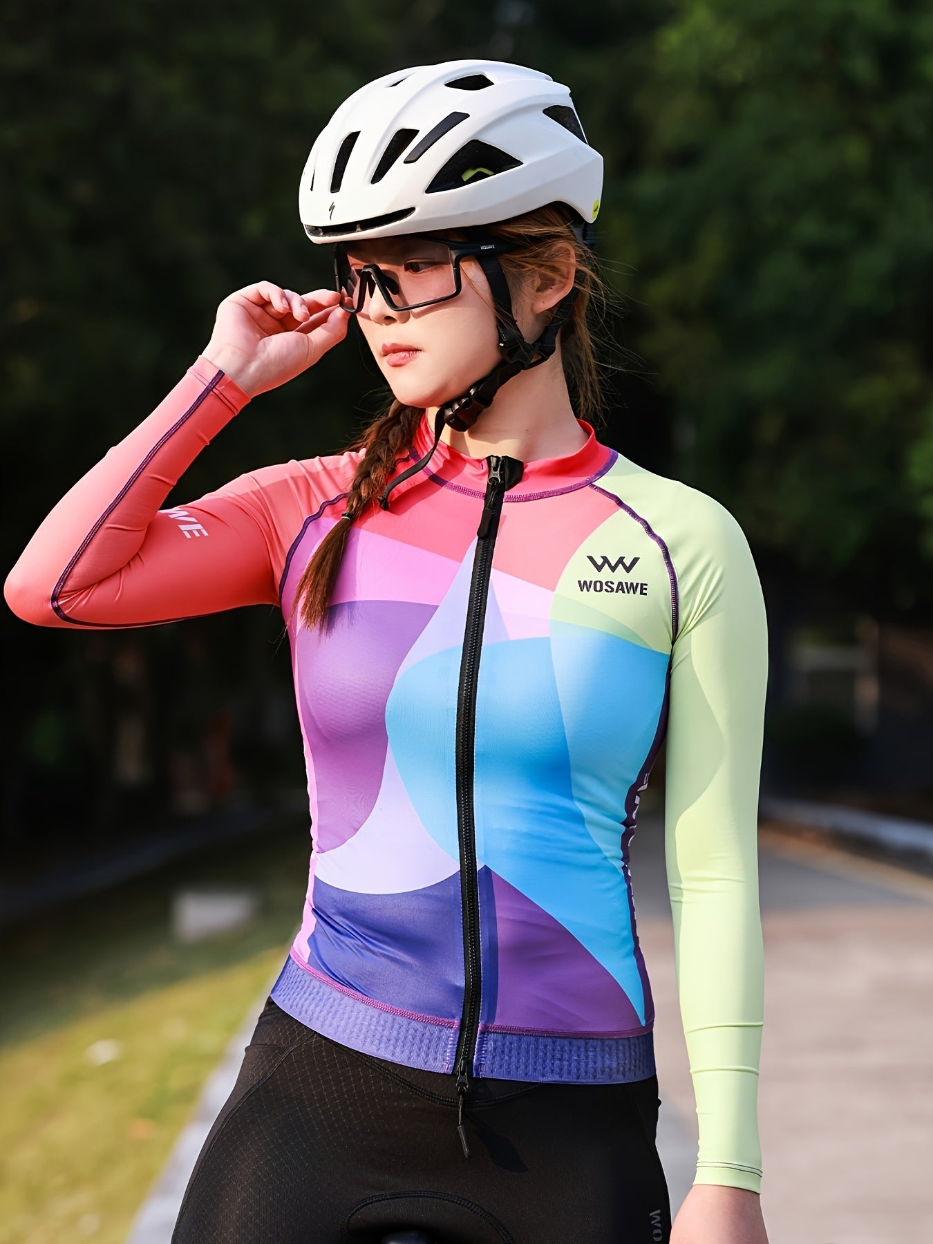 WOSAWE Women's Quick-Dry Breathable Cycling Jersey - Vibrant Geometric Print, Long Sleeve, Zip-Up Road Bike Top with Pockets for Spring\u002FFall, Wear, Sleek Sporty Design, Highelastic Material