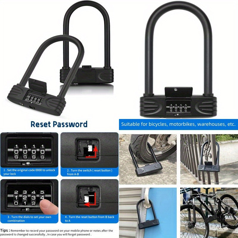 Heavy Duty U Lock4 Digit Combination Password Bicycle Lock with ULock Shackle Waterproof No Key Bike Locks for Home School Travel Bike U Lock